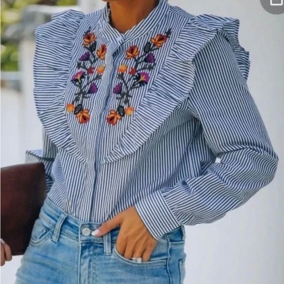 Dance & Marvel Tops - Dance & Marvel Blue Stripe Floral Embroidered Ruffle Long Sleeve Button Top L